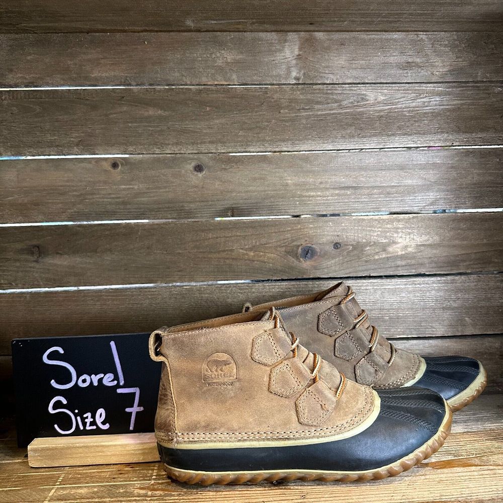Womens Sorel Out N About Brown Leather Waterproof Duck Ankle Boots Size 7‎ M GUC